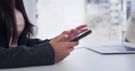 Woman, hands and scroll in office with phone, email notification and website for company...
