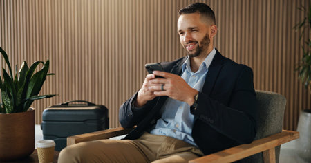 Investor, smile and man in airport, cellphone for online flight schedule and visa application...