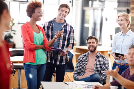 Meeting, creative and business people laugh in office for planning, ideas and feedback. Startup,...