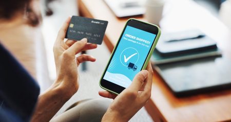 Credit card, phone screen and hands of woman in home for online shopping, purchase and payment....
