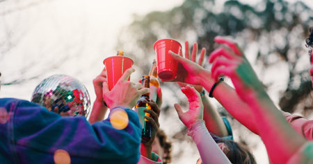 Celebration, toast or hands outdoor with alcohol, reunion or bonding together at friendship event....