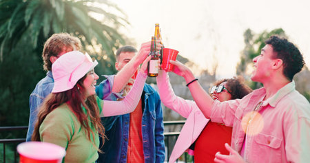 Celebration, cheers or people in backyard with beer, reunion or bonding together at group event....