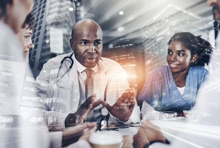 Doctors, meeting and discussion in hospital with double exposure, urban healthcare and...