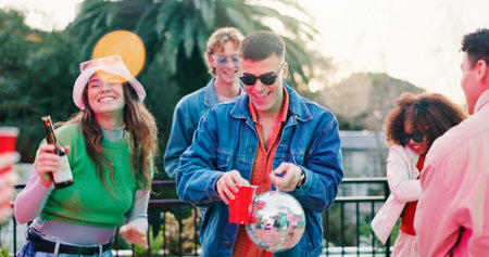 Dance, disco ball and drink with friends outdoor together for celebration, fun or social gathering....