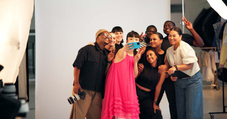 Memories, photography and selfie of model with production crew on set for bonding or picture. Art,...