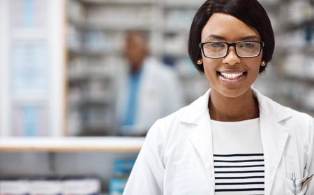 Serious, pharmacy and portrait of black woman at dispensary with confidence for healthcare career....