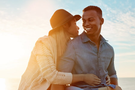 Couple, laughing and affection on vacation, sky and smile on date with partner, romance and bonding....