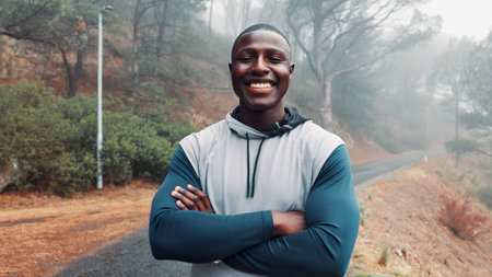 Nature, fitness or portrait of black man on path for exercise, runner or ready for cardio training....