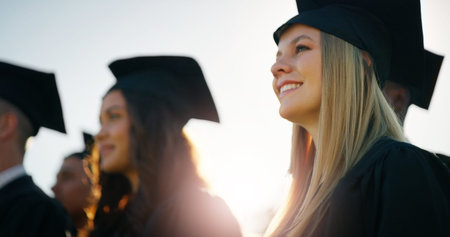 Graduation, happy and group of students with high school goal, achievement or award celebration....