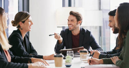Finance, boardroom and happy business people in meeting for budget planning, risk management and...