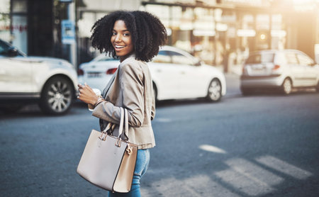 Business, walking and portrait of black woman in city for morning commute, journey and trip with...