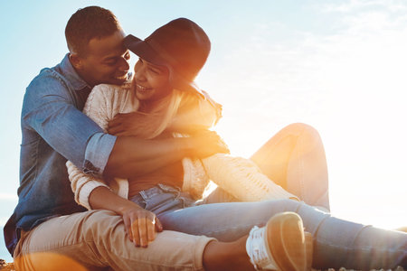 Couple, hug and happy on date, outdoor and bonding on summer holiday, romance or support for...
