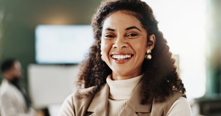 Meeting, portrait or woman in boardroom with laugh, career pride or ambition as property seller....