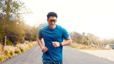 Fitness, running or man with sunglasses, outdoor or training for health benefits, cardio or workout....