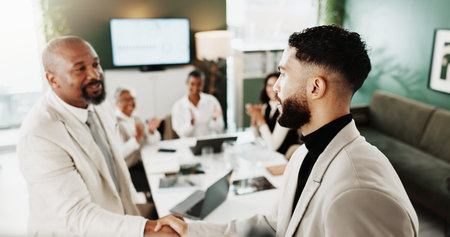 Business people, meeting and handshake with team applause for promotion, nomination or deal....