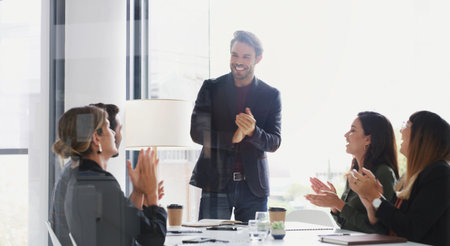 Happy, team and applause in boardroom, presentation and celebration for financial growth with...