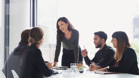 Business people, meeting and presentation with woman in office for training, discussion and...