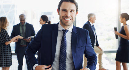 Portrait, businessman or group in lobby with conference, finance job or seminar for skill...