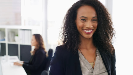 Portrait, corporate and woman with smile in office for career pride, about us and real estate. Happy, female person or coworking with ambition for property development, realtor experience and auctionの写真素材