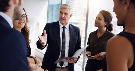 Meeting, staff and manager in office for discussion, finance briefing or task delegation for...