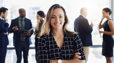 Happy, portrait and woman with arms crossed, meeting and leadership in public relations or...