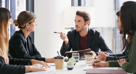 Creative agency, meeting and business people in office, conversation and feedback for news report....