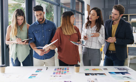 Meeting, speaking or people with tablet in creative agency, color palette choice or marketing...