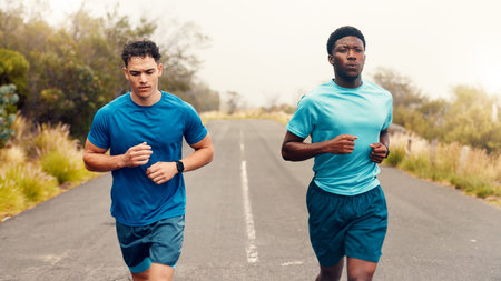 Team, runner and health with men in nature for workout, performance and cardio challenge. Exercise...