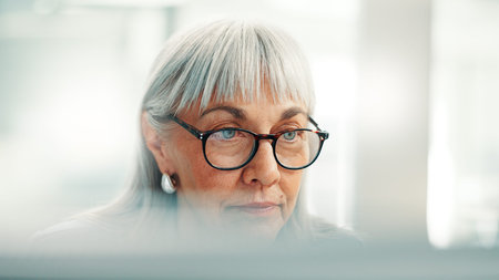 Computer, reading or woman with glasses in office, company expenses or budget plan for money...