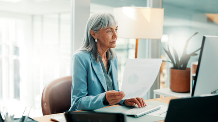 Investor, documents and woman in office, computer for economy stats and checklist for profit...