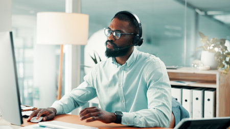 Telemarketing, computer and man with headset, office and discussion with contact for lead...