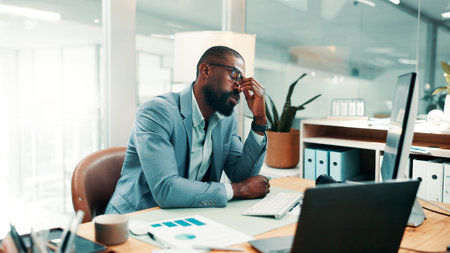 Stress, headache and black man in office with fatigue, mistake or brain fog for finance report....