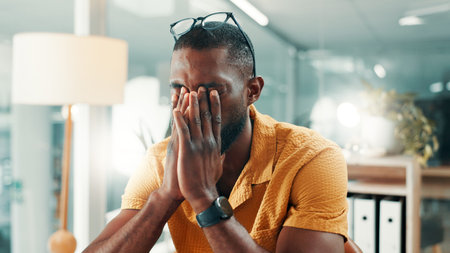Eye strain, headache and stress with designer black man in office for fatigue or problem solving....