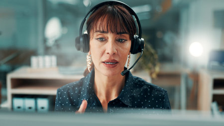 Woman, consultant and discussion with headset for customer service or virtual assistance in office....