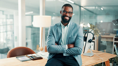 Portrait, advisor or black man in office with arms crossed, pride or ambition in accounting...