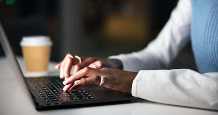 Hands, laptop and typing with business woman in office at night for online planning or research....