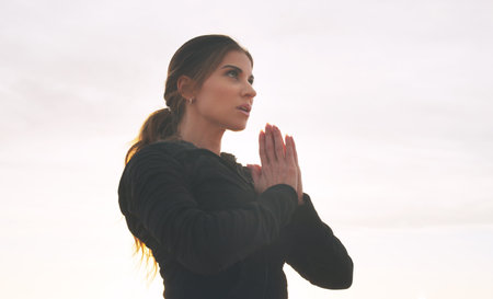 Balance, meditation and woman with prayer hands outdoor for mindfulness, calm and peace. Morning...