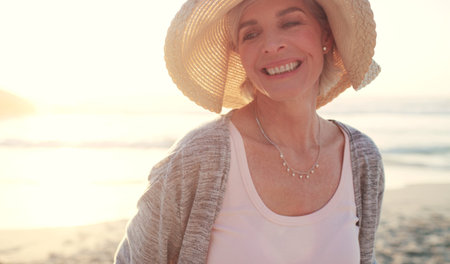 Thinking, woman and smile on holiday at beach for summer vacation, weekend break and reflection....