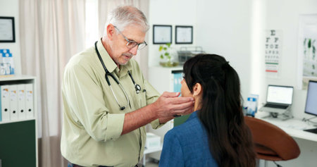 Consultation, throat pain and doctor with woman in hospital for injury or swollen lymph nodes....