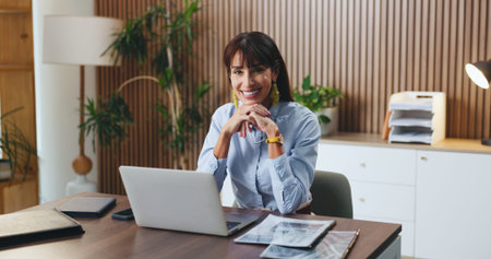 Laptop, smile and portrait with business woman in office for budget, account manager and audit....