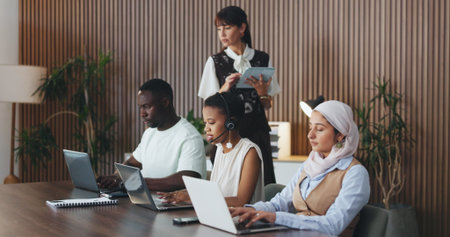 Business people, mentor and consultants with headset for call center management or operations....