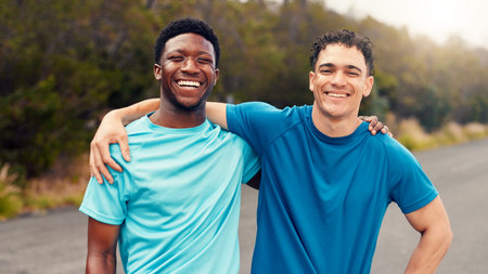 Team, runner and portrait with men in nature for workout, performance and cardio challenge. Exercise partner, wellness and training with friends outdoor for fitness practice, sports and staminaの写真素材