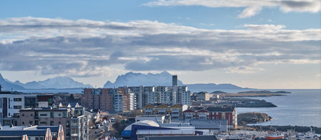 Landscape, buildings and city with ocean in nature for travel, urban skyline and holiday location....