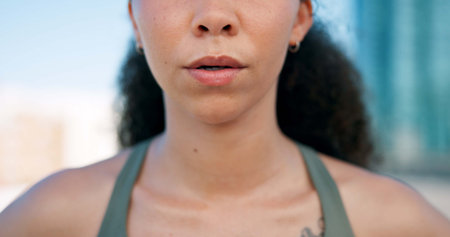 Runner, breathe and mouth of woman in city for break from exercise, workout and training. Sports,...