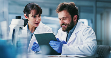 Tablet, research and people in lab, talking and collaboration for experiment results. Science, man...