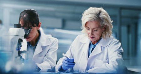 Science, people and experiment in lab with microscope, pathology and investigation for medical research. Mature women, teamwork and scientist in clinic with biotech, sample test and healthcare trial.の写真素材