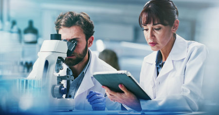 Microscope, science and tablet with team in laboratory together for development or research. App,...