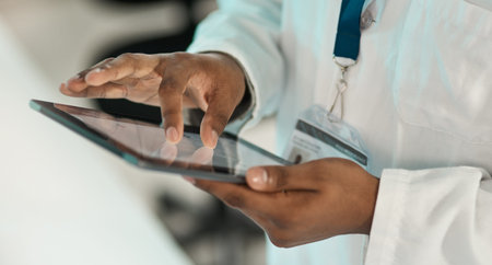 Hands, scientist and tablet for report at lab with scroll, admin and medical research for virus...