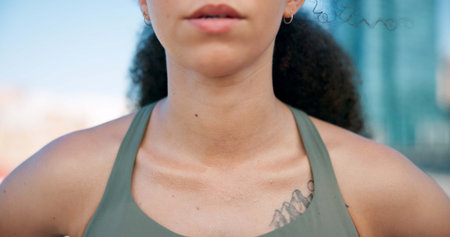 Runner, breathe and neck of woman in city for break from exercise, workout and training. Sports,...