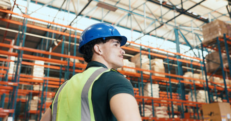 Thinking, shipping and back of man in warehouse for supply chain, inventory and stock inspection....